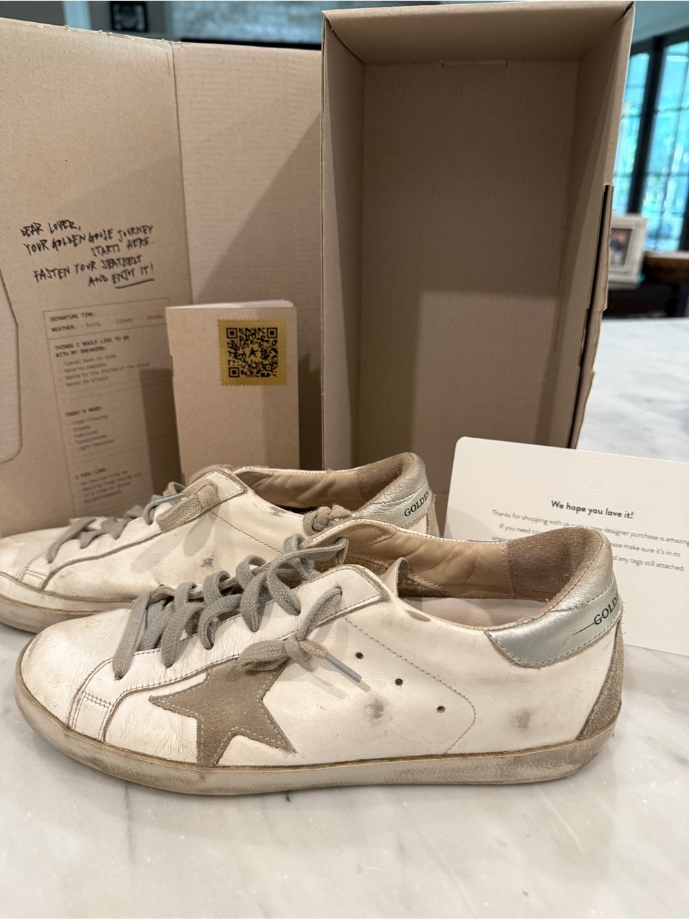 Golden Goose Superstar White Leather Sneakers with Silver Heel - Picture 1 of 9